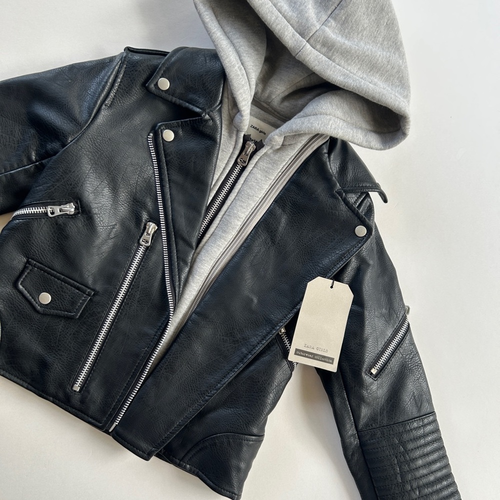 Zara Black Leather Jacket with Gray Hoodie